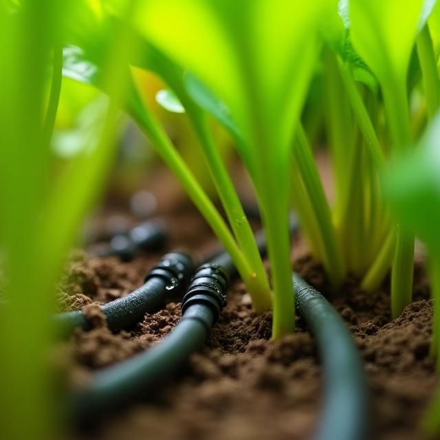 Close-up view of a discreetly installed drip irrigation system among garden plants, ensuring efficient water delivery