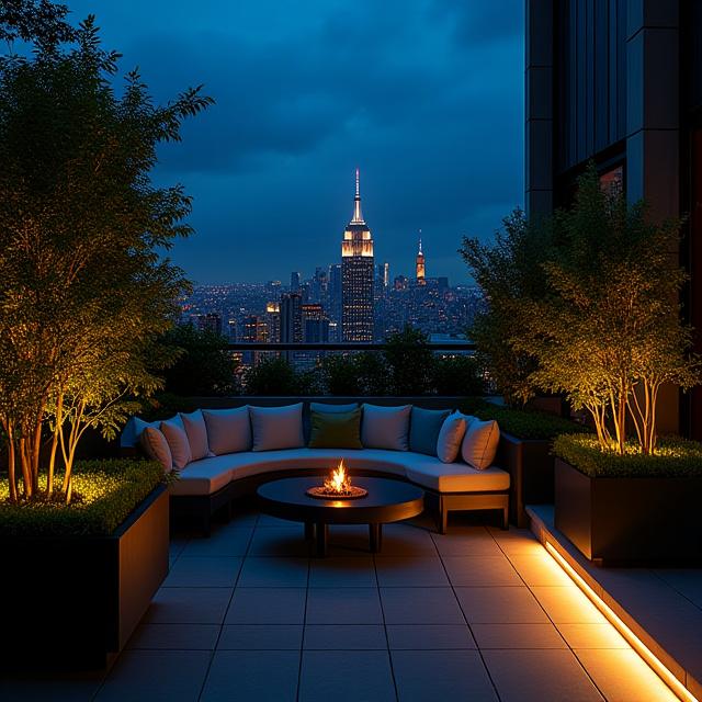 Manhattan terrace garden illuminated at night with subtle integrated LED lighting highlighting various plants and seating area