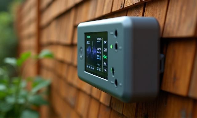 Modern irrigation control panel with digital display mounted on an intricately planked wooden garden fence